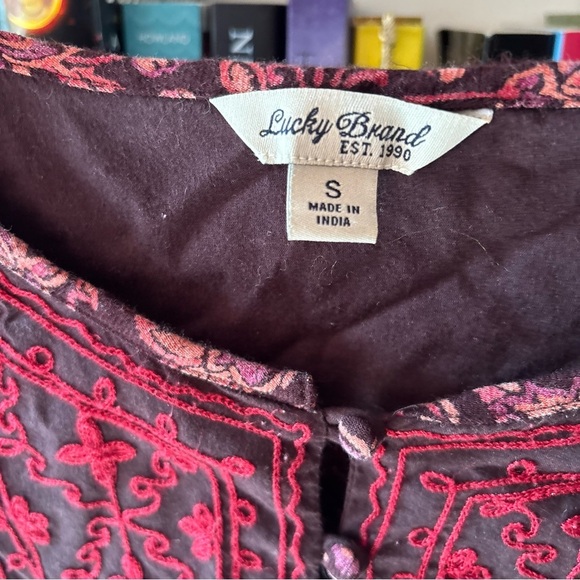 Lucky Brand Brown Peach Orange Floral Embroidered Blouse Size Small - Picture 3 of 7